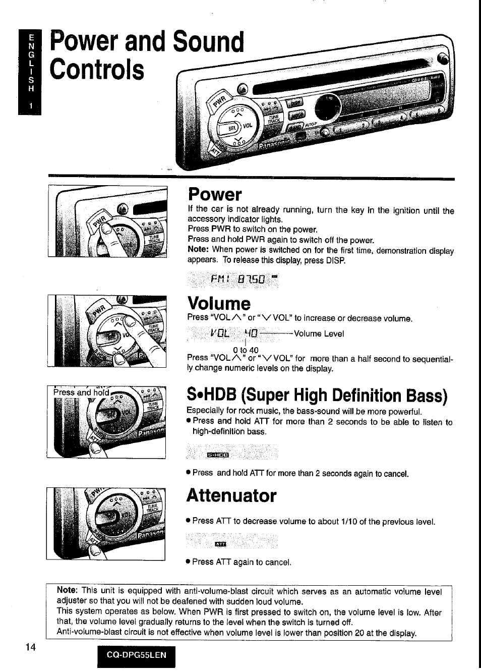 N power and sound h controls, Power and sound controls, Power | Volume, Attenuator, R1í b15g, S*hdb (super high definition bass) | Panasonic cq-dpg55len User Manual | Page 14 / 43