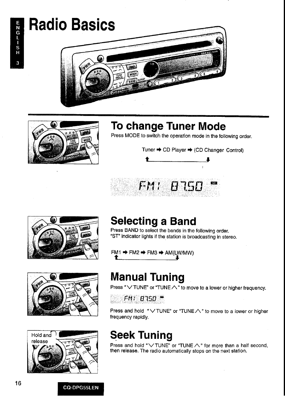 Radio basics, Selecting a band, Manual tuning | Seek tuning | Panasonic cq-dpg55len User Manual | Page 16 / 43