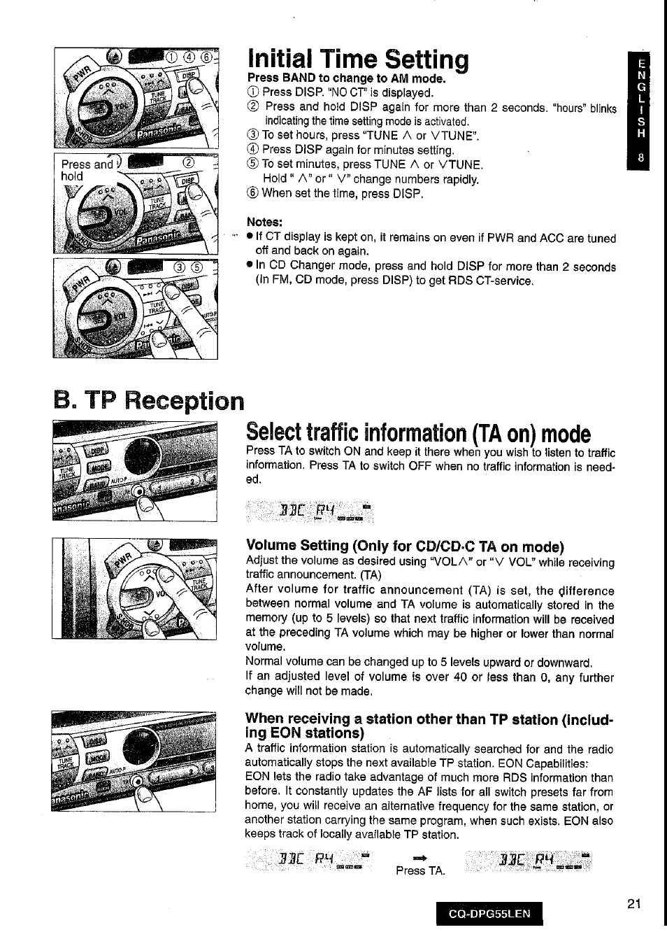 Volume setting (only for cd/cd c ta on mode), Initial time setting | Panasonic cq-dpg55len User Manual | Page 21 / 43