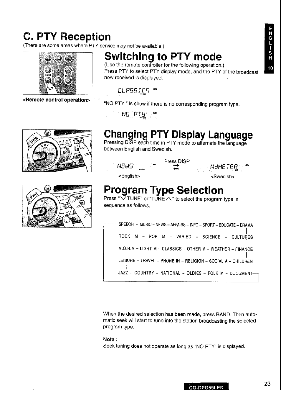 C. pty reception, Switching to pty mode, Changing pty display language | Program type selection, Clr55iìi5 | Panasonic cq-dpg55len User Manual | Page 23 / 43