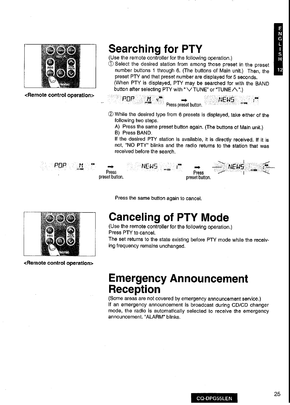 Searching for pty, Canceling of pty mode, Emergency announcement reception | Panasonic cq-dpg55len User Manual | Page 25 / 43