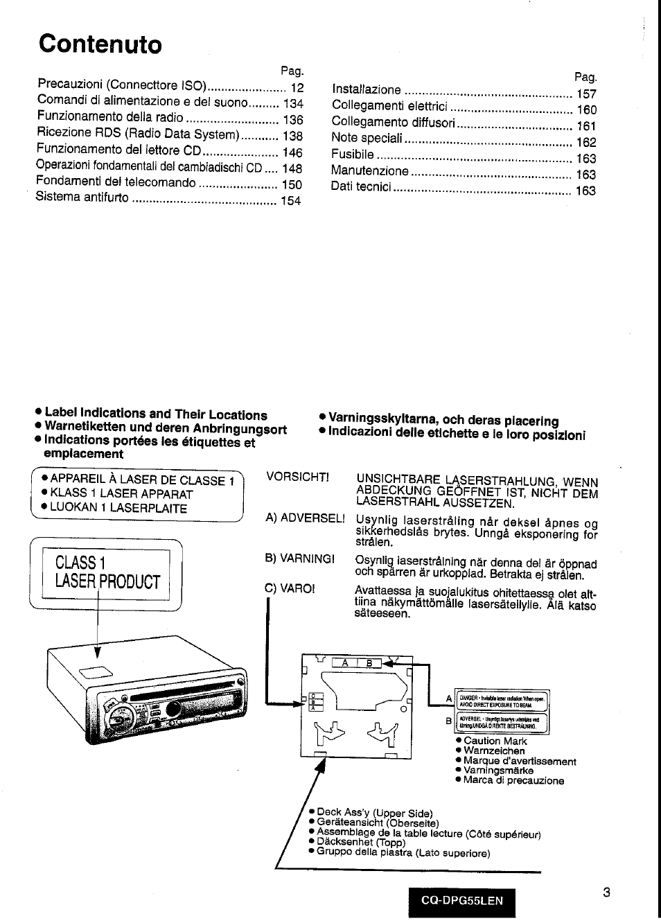 Contenuto, Class laser 1 product | Panasonic cq-dpg55len User Manual | Page 3 / 43