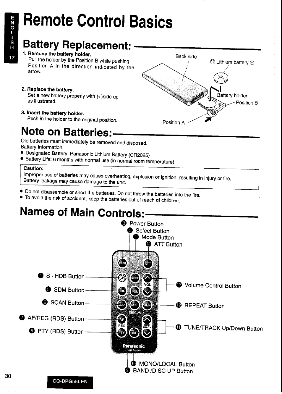Remote control basics, 1, remove the battery holder, Replace the battery | Insert the battery holder, Caution, Battery replacement, Names of main controls, Panasonic | Panasonic cq-dpg55len User Manual | Page 30 / 43