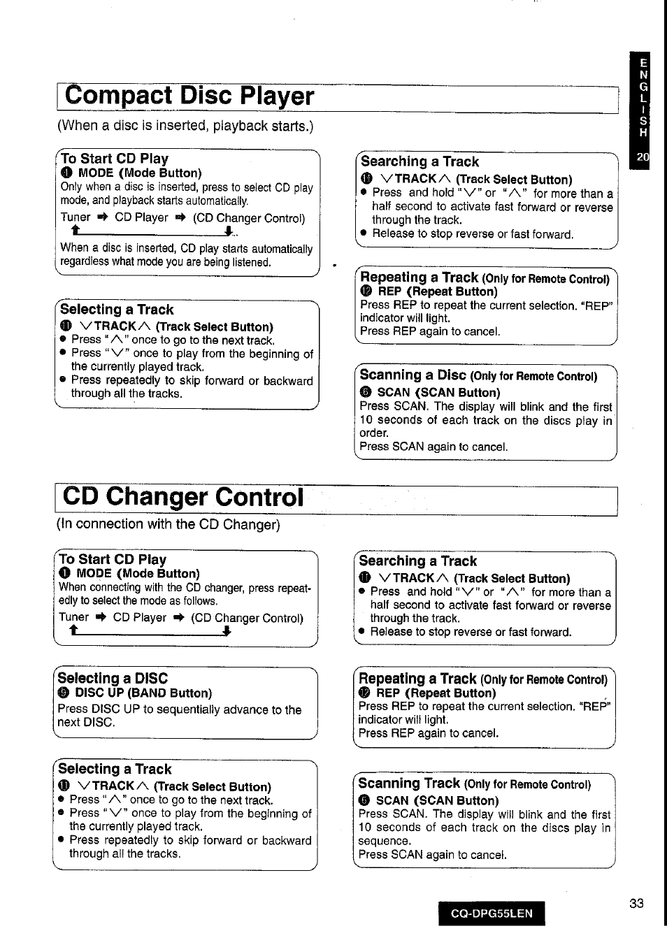 To start cd play, Selecting a track, Searching a track | 0 vtrack a (track select button), Selecting a disc, Compact disc player, Cd changer control | Panasonic cq-dpg55len User Manual | Page 33 / 43
