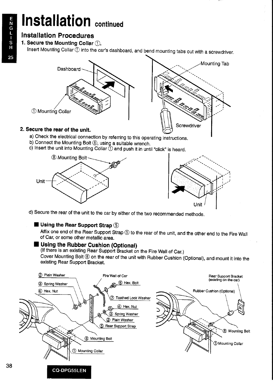Installation, Using the rubber cushion (optional), Continued installation procedures | Panasonic cq-dpg55len User Manual | Page 38 / 43