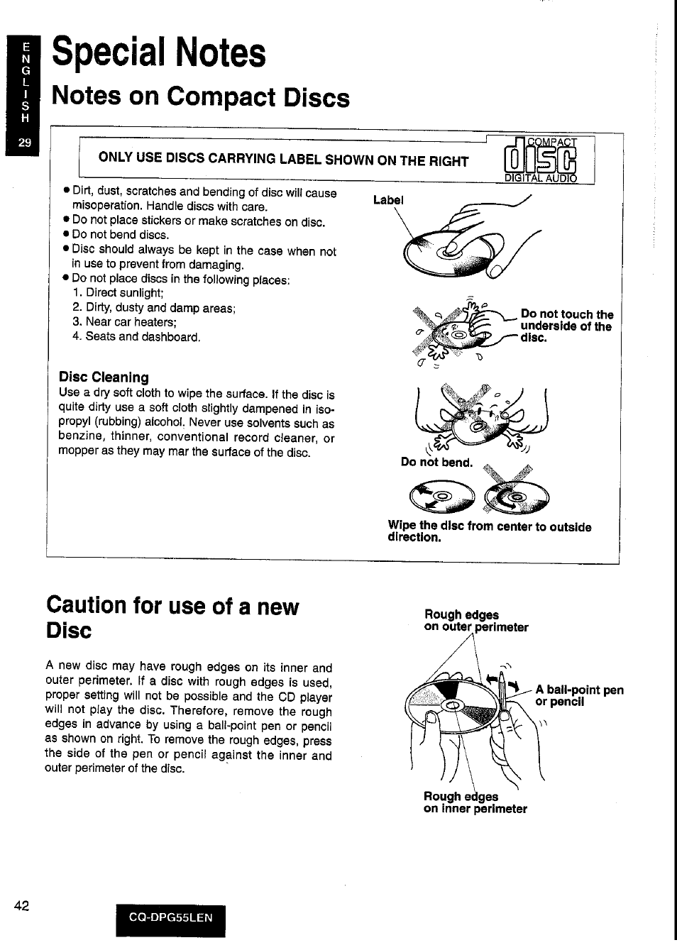 Special notes, Wipe the disc from center to outside direction, Caution for use of a new disc | Panasonic cq-dpg55len User Manual | Page 42 / 43