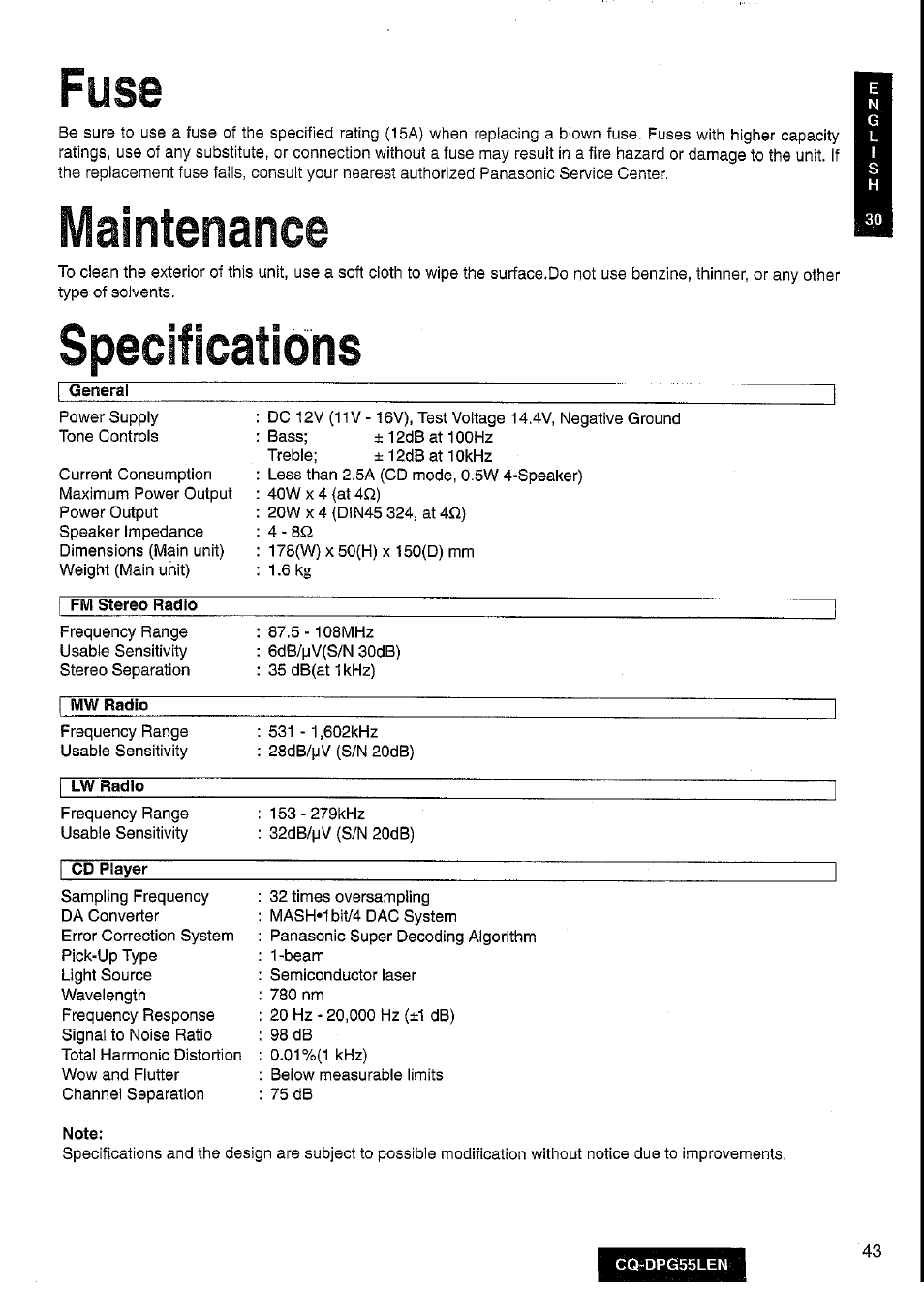 Fuse, Maintenance, Specifications | Fuse maintenance specifications | Panasonic cq-dpg55len User Manual | Page 43 / 43