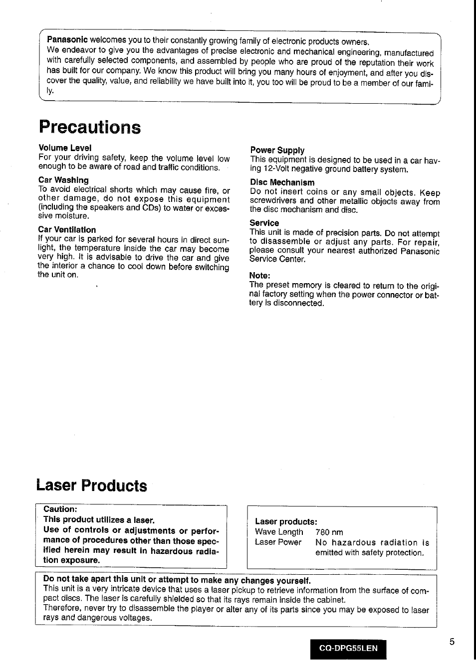 Volume level, Car ventilation, Power supply | Disc mechanism, Service, Note, Laser products, Caution, Precautions, Panasonic | Panasonic cq-dpg55len User Manual | Page 5 / 43