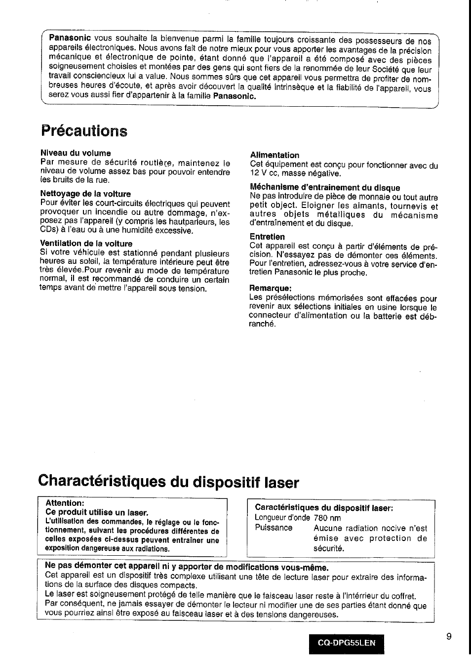 Précautions, Niveau du voiume, Ventilation de la voiture | Alimentation, Entretien, Remarque, Charactéristiques du dispositif laser, Attention, Caractéristiques du dispositif laser, Panasonic | Panasonic cq-dpg55len User Manual | Page 9 / 43