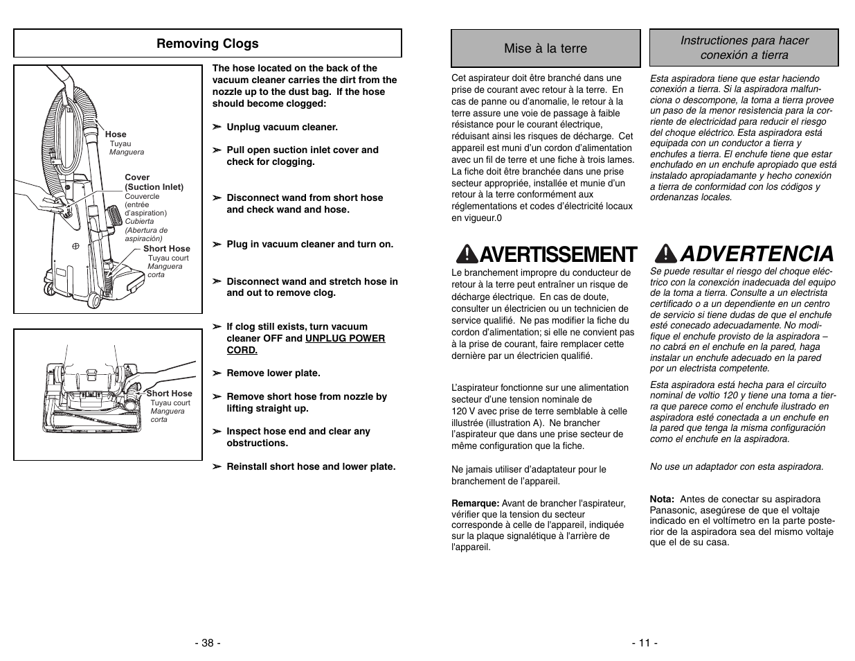 Mise à la terre, Instructiones para hacer conexión a tierra, Avertissement | Advertencia, Removing clogs | Panasonic MC-GG283 User Manual | Page 11 / 48