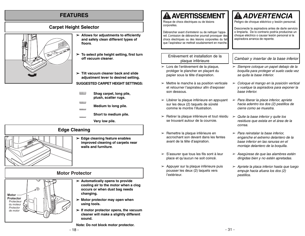 Features, Carpet height selector, Edge cleaning | Motor protector, Advertencia, Avertissement | Panasonic MC-GG283 User Manual | Page 18 / 48