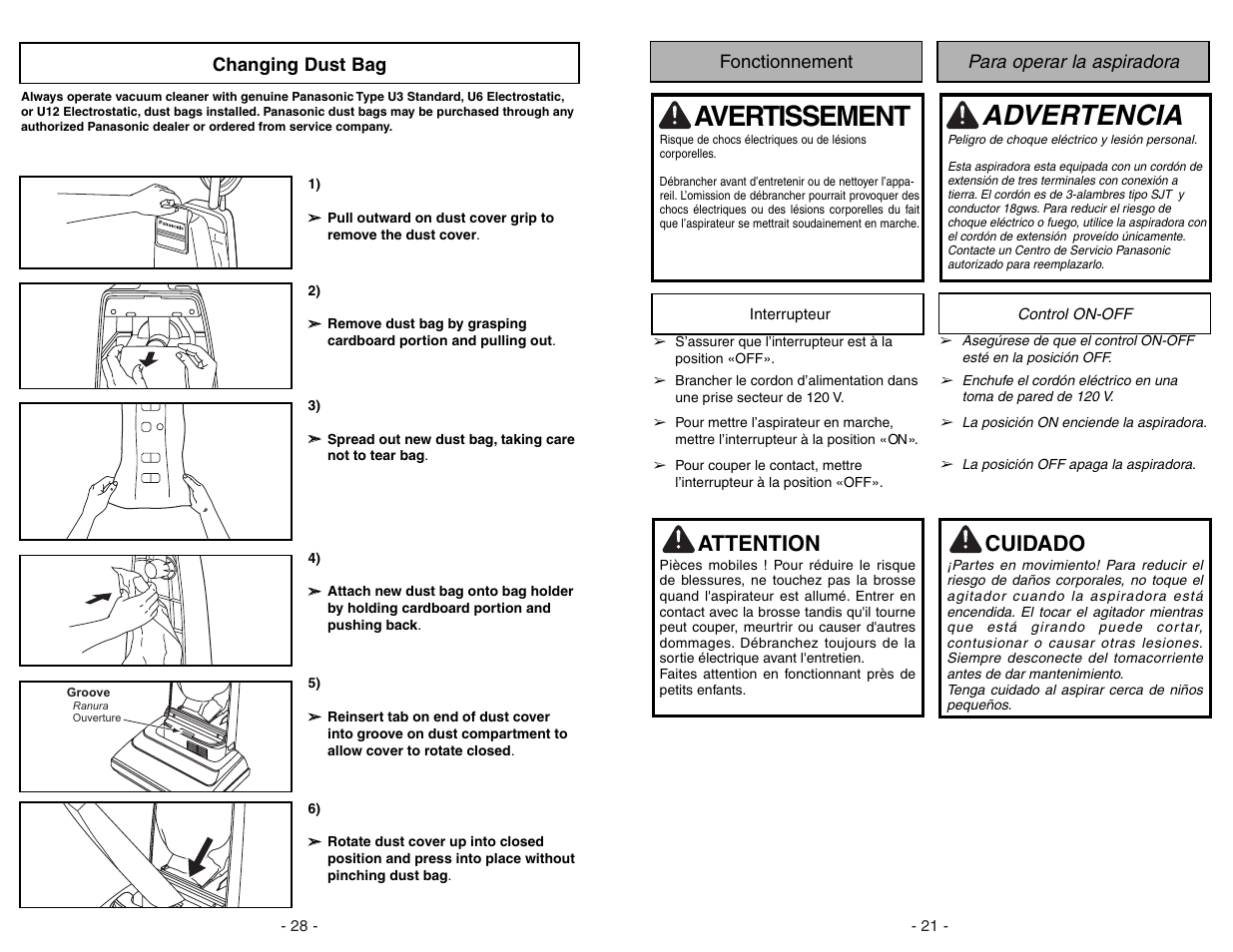 Handle adjustments, Fonctionnement, Interrupteur | Para operar la aspiradora, Control on-off, Advertencia, Avertissement, Attention, Cuidado | Panasonic MC-GG283 User Manual | Page 21 / 48
