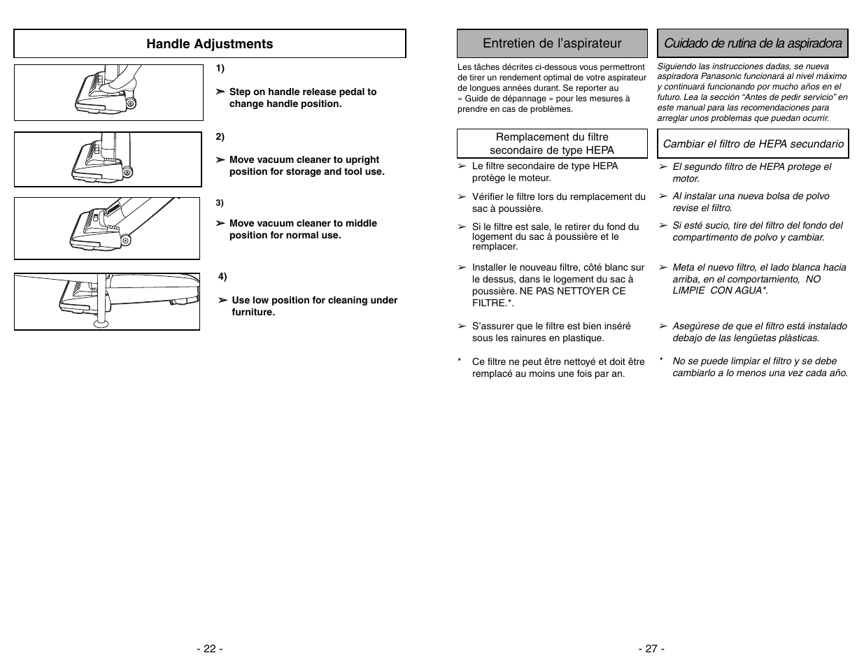 Réglage de l’inclinaison du manche, Ajustes del mango | Panasonic MC-GG283 User Manual | Page 22 / 48