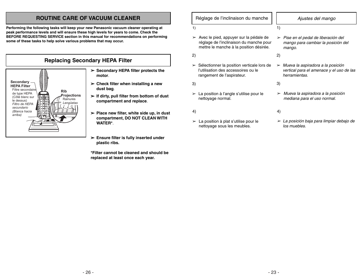 Routine care of vacuum cleaner, Replacing secondary hepa filter | Panasonic MC-GG283 User Manual | Page 23 / 48