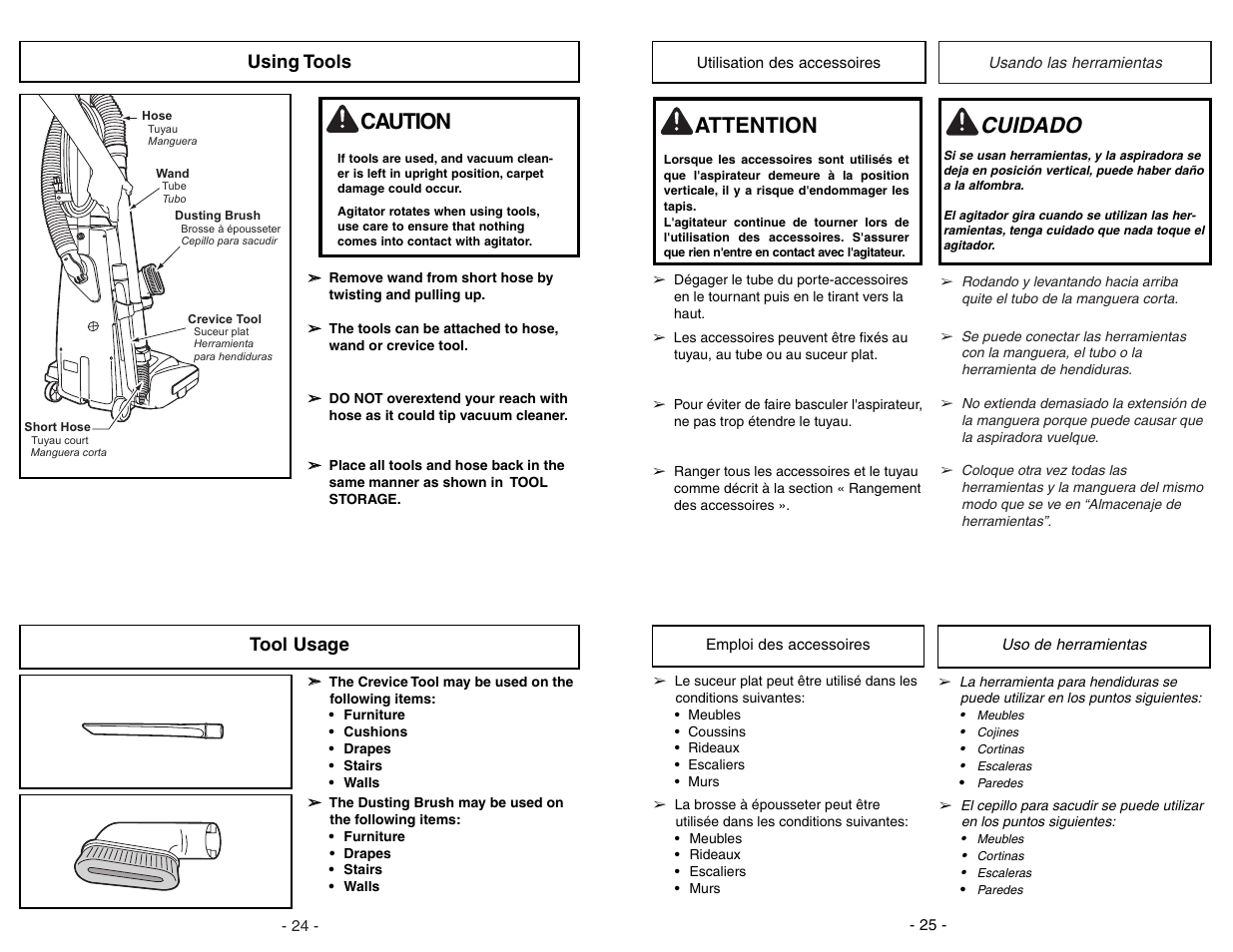 Using tools, Tool usage, Cuidado | Attention, Caution | Panasonic MC-GG283 User Manual | Page 24 / 48