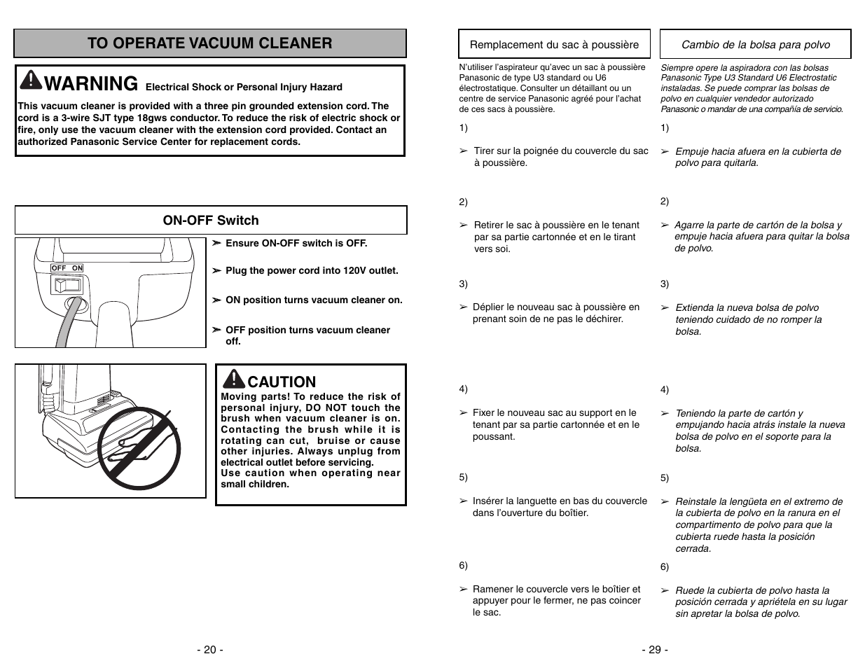 Remplacement du sac à poussière, Cambio de la bolsa para polvo, Warning | Caution | Panasonic MC-GG283 User Manual | Page 29 / 48
