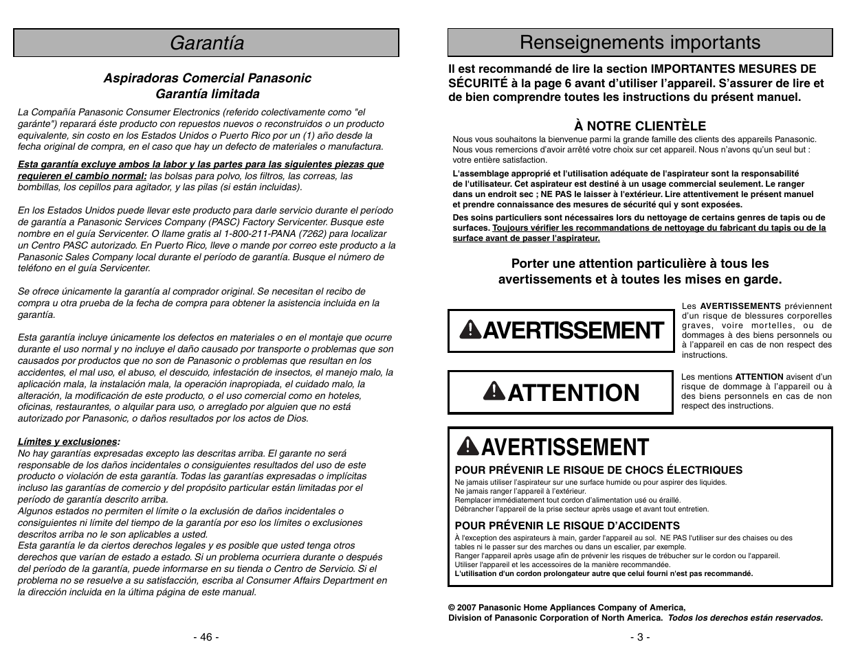 Renseignements importants, Attention, Avertissement | Garantía | Panasonic MC-GG283 User Manual | Page 3 / 48