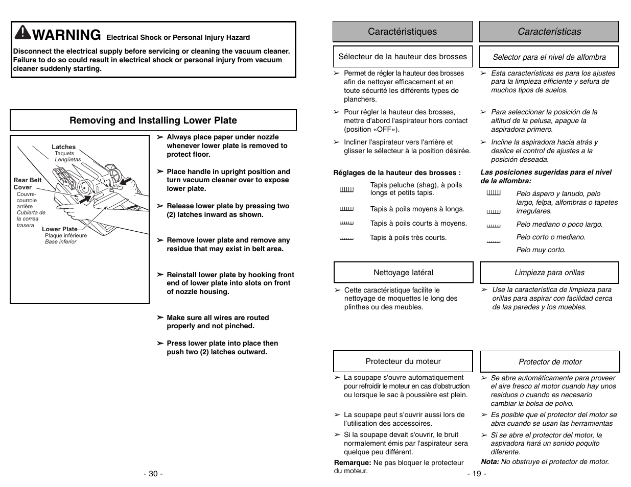 Removing and installing lower plate, Warning, Características caractéristiques | Panasonic MC-GG283 User Manual | Page 30 / 48