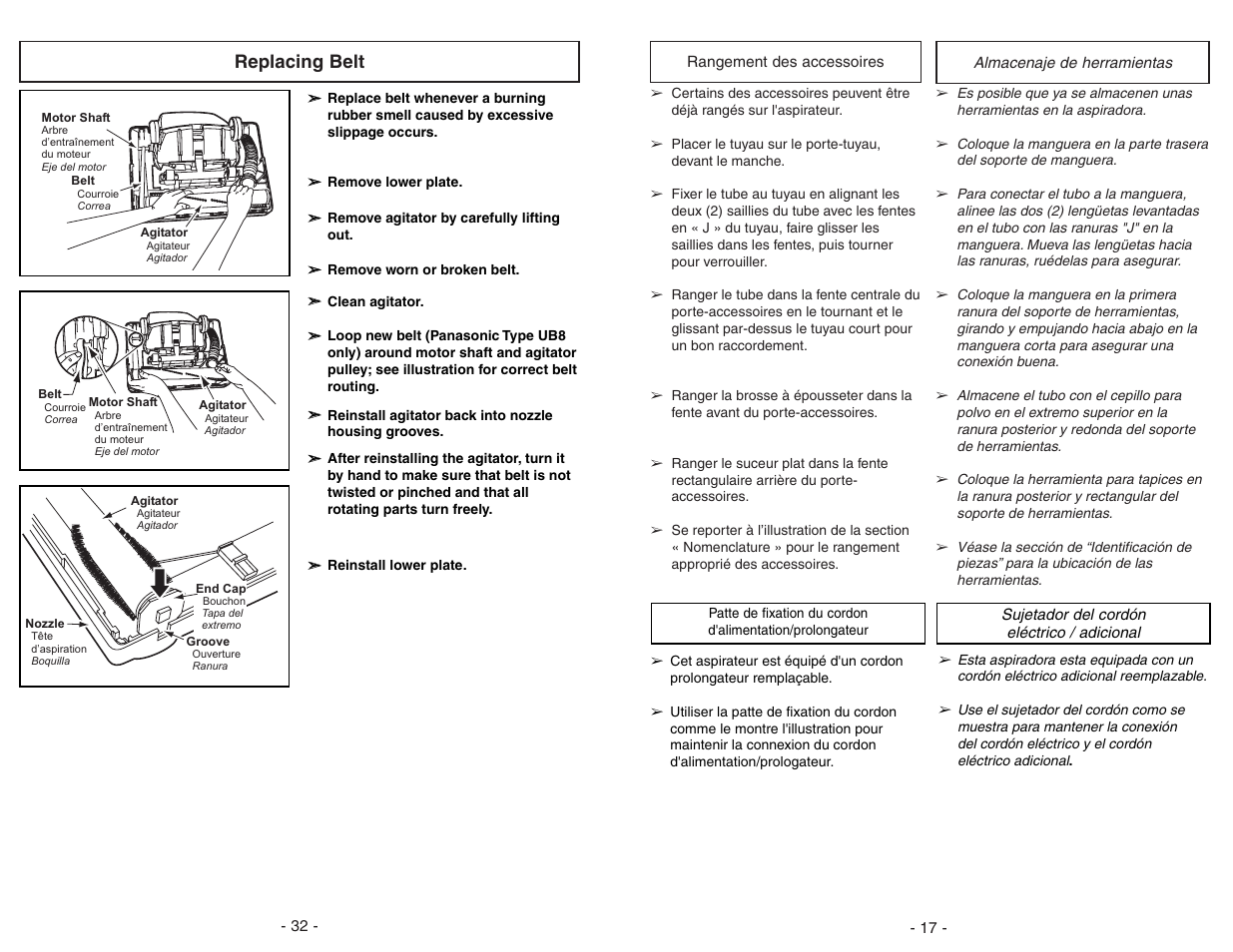 Replacing belt | Panasonic MC-GG283 User Manual | Page 32 / 48
