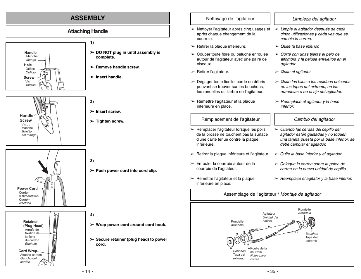 Nettoyage de l’agitateur, Remplacement de l’agitateur, Assemblage de l’agitateur | Limpieza del agitador, Cambiar los cepillos, Montaje de agitador, Assembly, Attaching handle | Panasonic MC-GG283 User Manual | Page 35 / 48