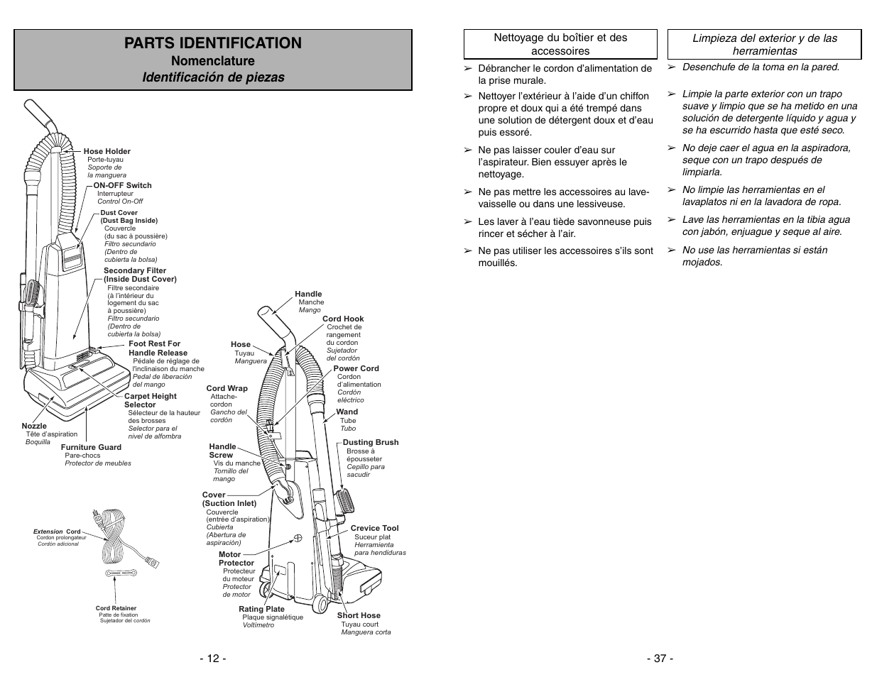 Nettoyage du boîtier et des accessoires, Limpieza del exterior y de las herramientas, Parts identification | Nomenclature identificación de piezas | Panasonic MC-GG283 User Manual | Page 37 / 48