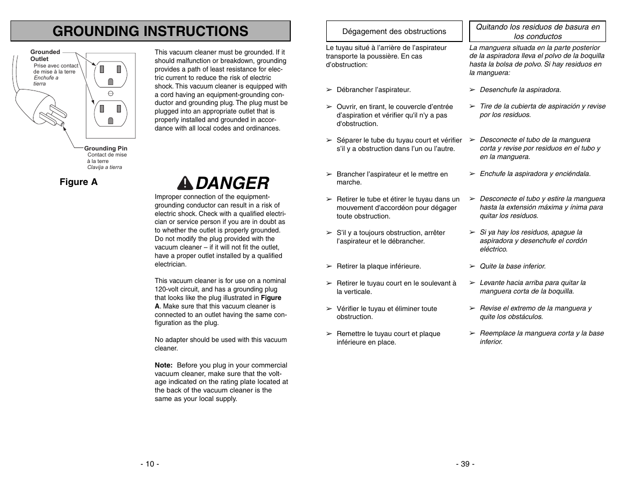 Dégagement des obstructions, Quitar de los residuos de basura en los conductos, Danger | Grounding instructions | Panasonic MC-GG283 User Manual | Page 39 / 48