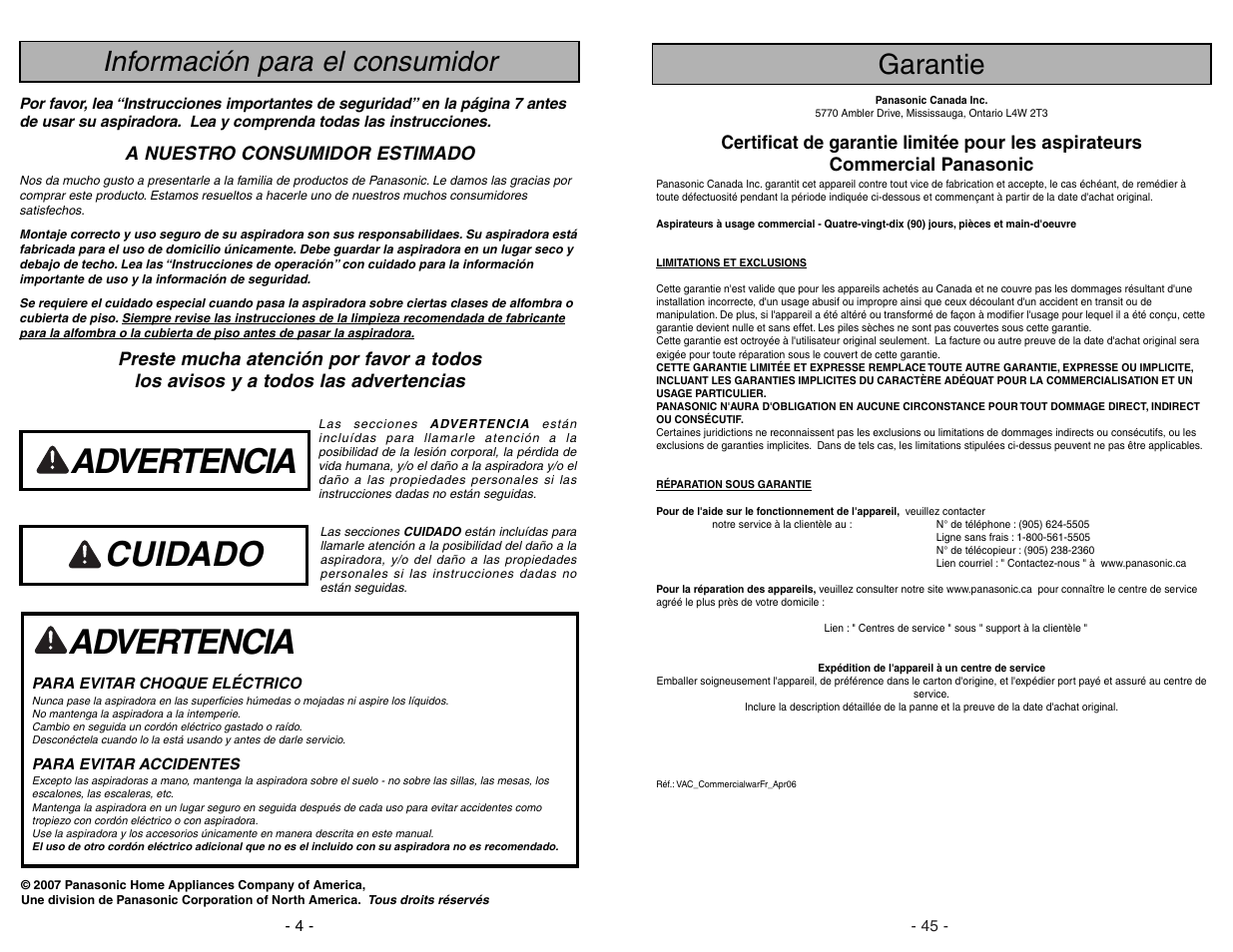 Información para consumidor, Advertencia, Cuidado advertencia | Información para el consumidor, Garantie | Panasonic MC-GG283 User Manual | Page 4 / 48