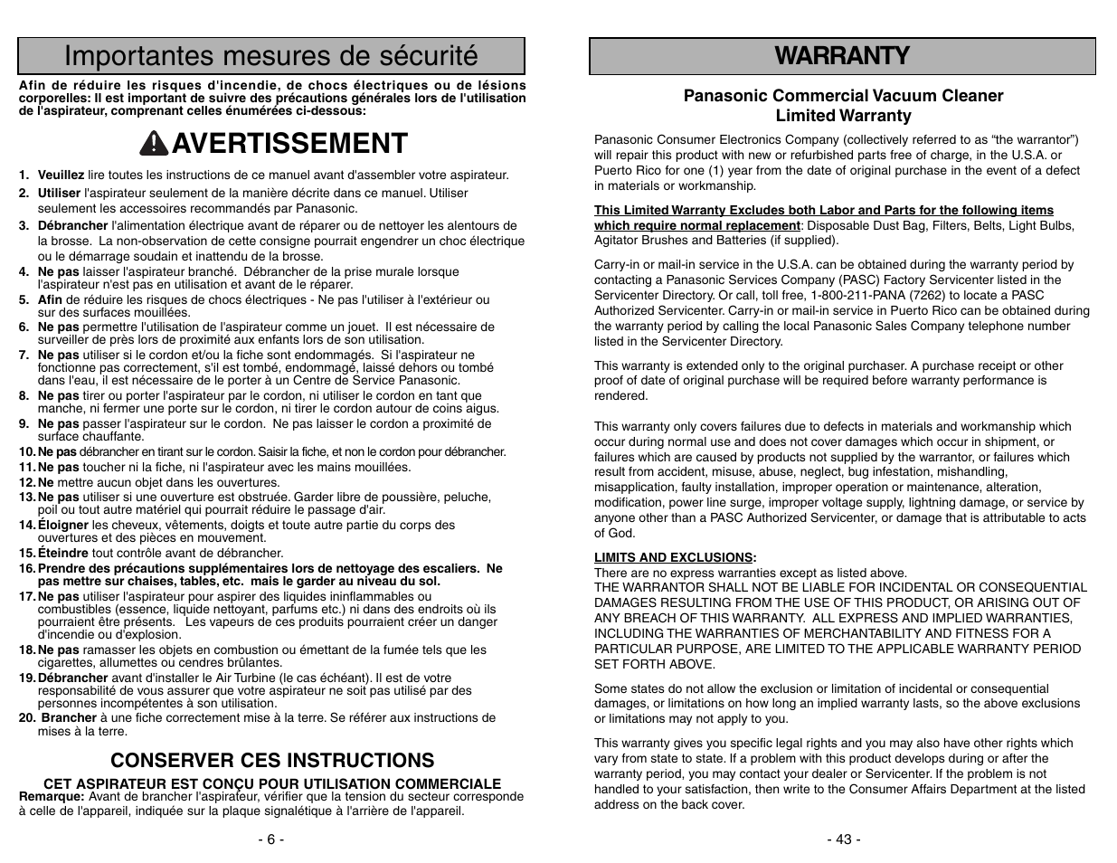 Warranty, Importantes mesures de sécurité, Avertissement | Conserver ces instructions | Panasonic MC-GG283 User Manual | Page 43 / 48