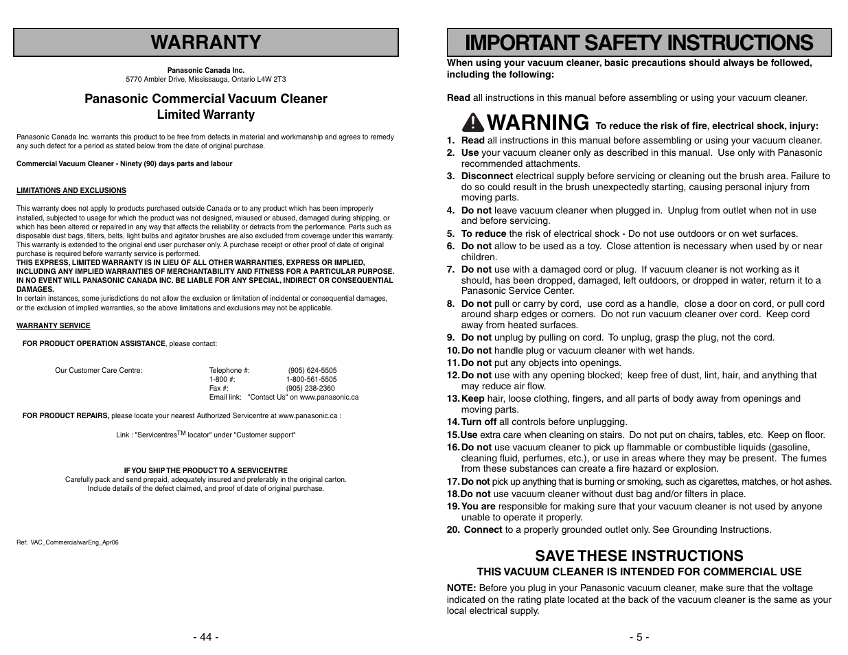 Important safety instructions, Warning, Warranty | Save these instructions | Panasonic MC-GG283 User Manual | Page 44 / 48