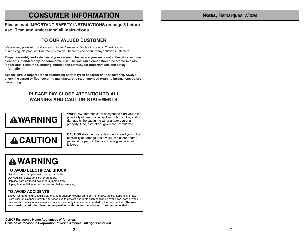 Warning, Caution warning, Consumer information | Panasonic MC-GG283 User Manual | Page 47 / 48