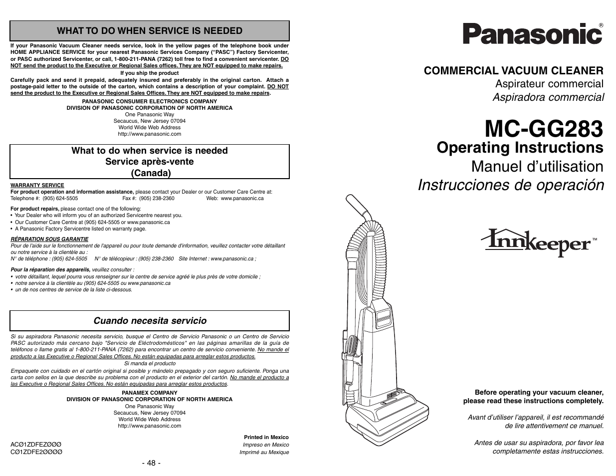 What to do when service is needed, Service après-vente, Cuando necesita servicio | Mc-gg283, Aspiradora commercial, Commercial vacuum cleaner aspirateur commercial | Panasonic MC-GG283 User Manual | Page 48 / 48