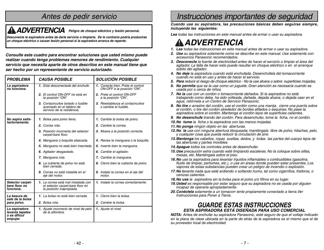 Instrucciones importantes de seguridad, Advertencia, Antes de pedir servicio | Guarde estas instrucciones | Panasonic MC-GG283 User Manual | Page 7 / 48