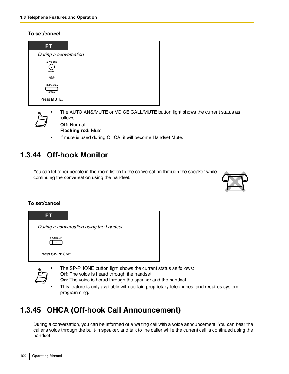 44 off-hook monitor, 45 ohca (off-hook call announcement) | Panasonic KX-TDE100 User Manual | Page 100 / 214