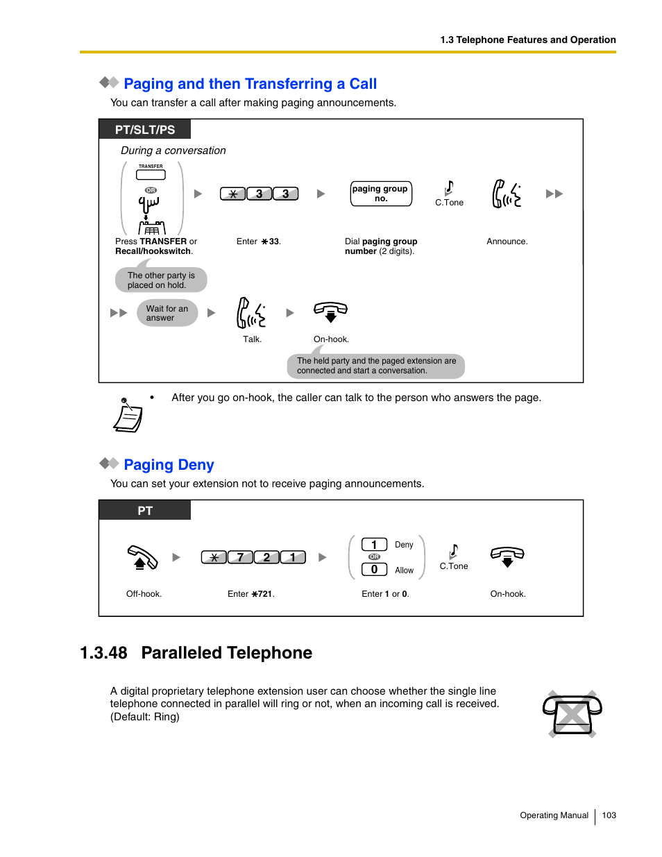 48 paralleled telephone, Paging and then transferring a call, Paging deny | Panasonic KX-TDE100 User Manual | Page 103 / 214