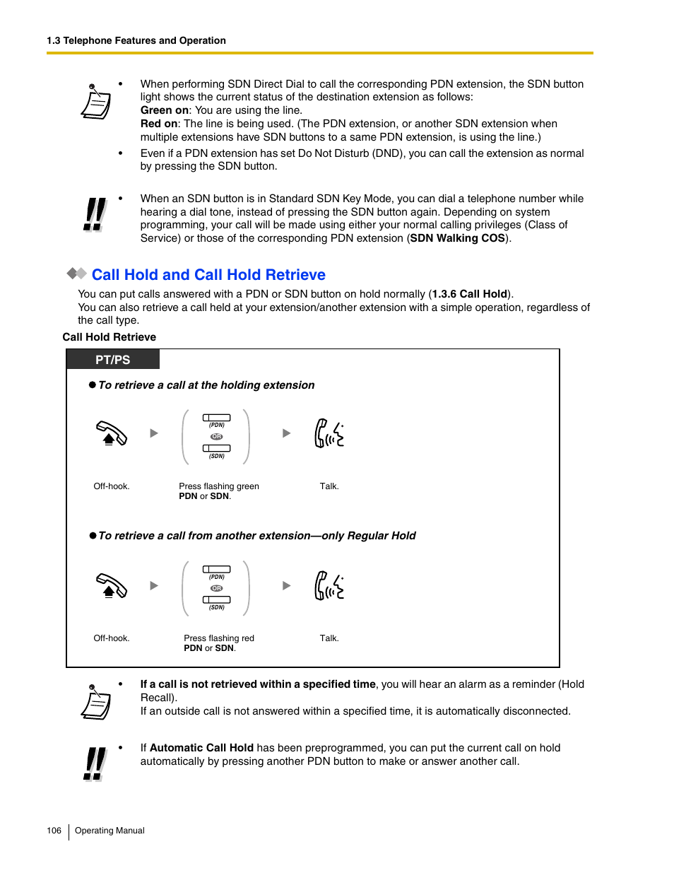 Call hold and call hold retrieve, Pt/ps | Panasonic KX-TDE100 User Manual | Page 106 / 214