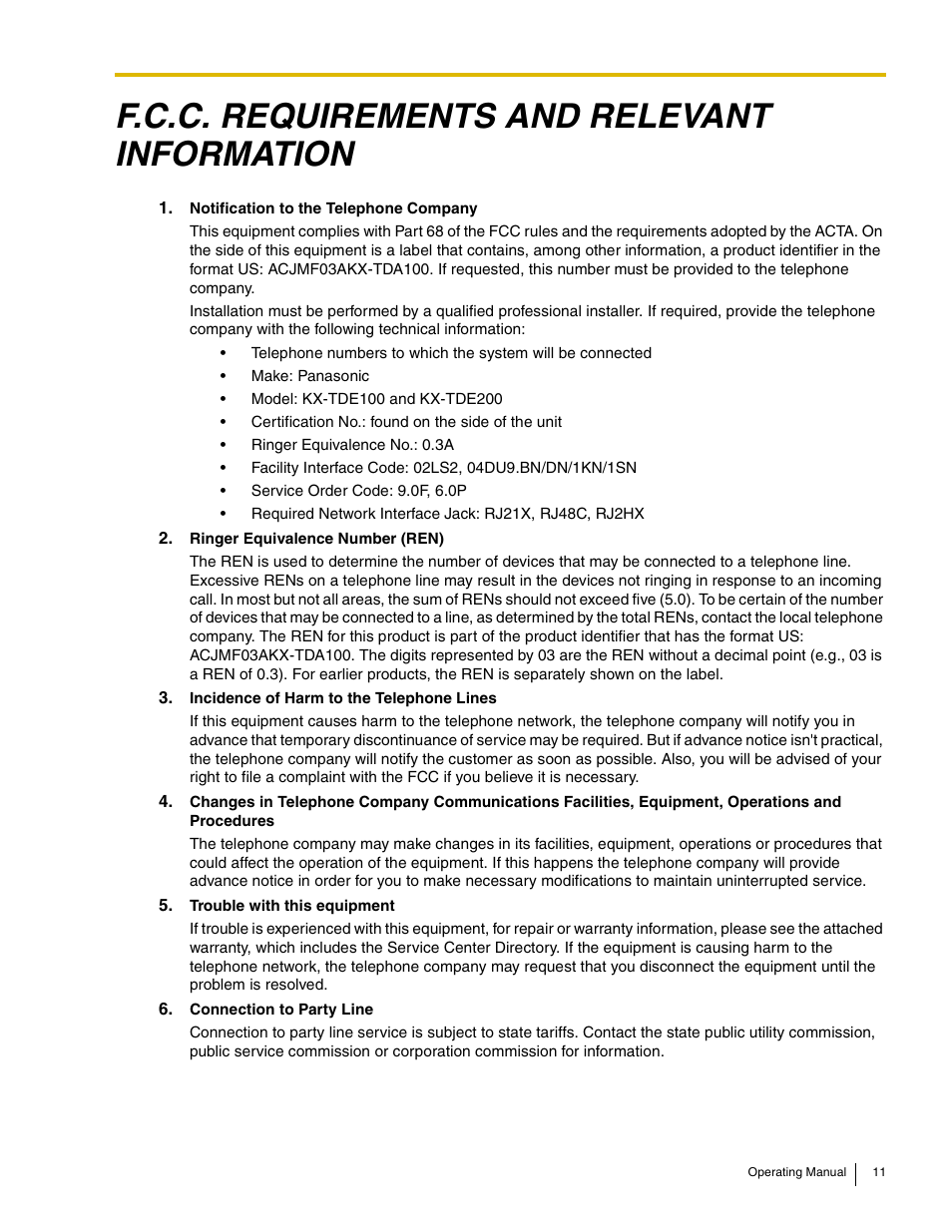 F.c.c. requirements and relevant information | Panasonic KX-TDE100 User Manual | Page 11 / 214