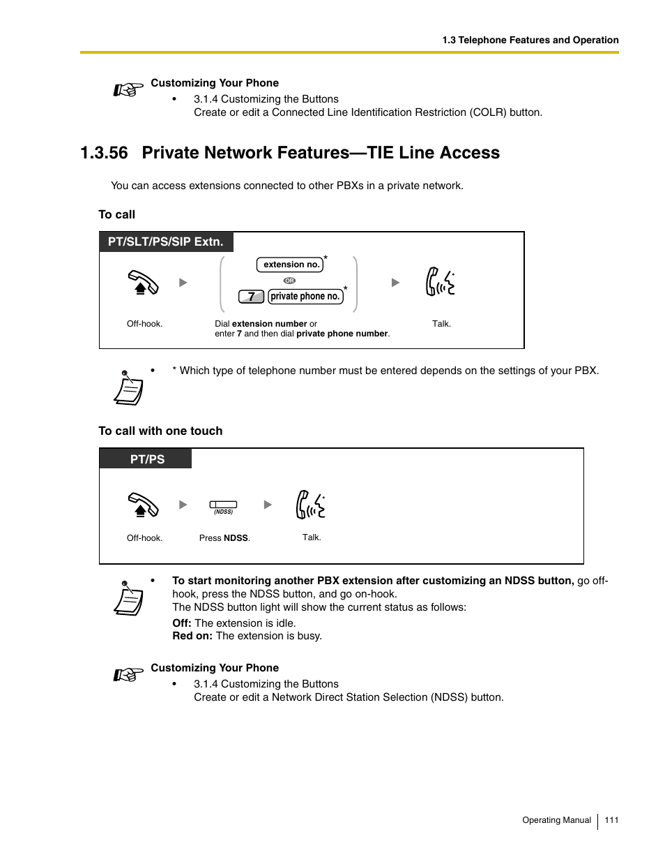 56 private network features-tie line access, 56 private network features—tie line access | Panasonic KX-TDE100 User Manual | Page 111 / 214