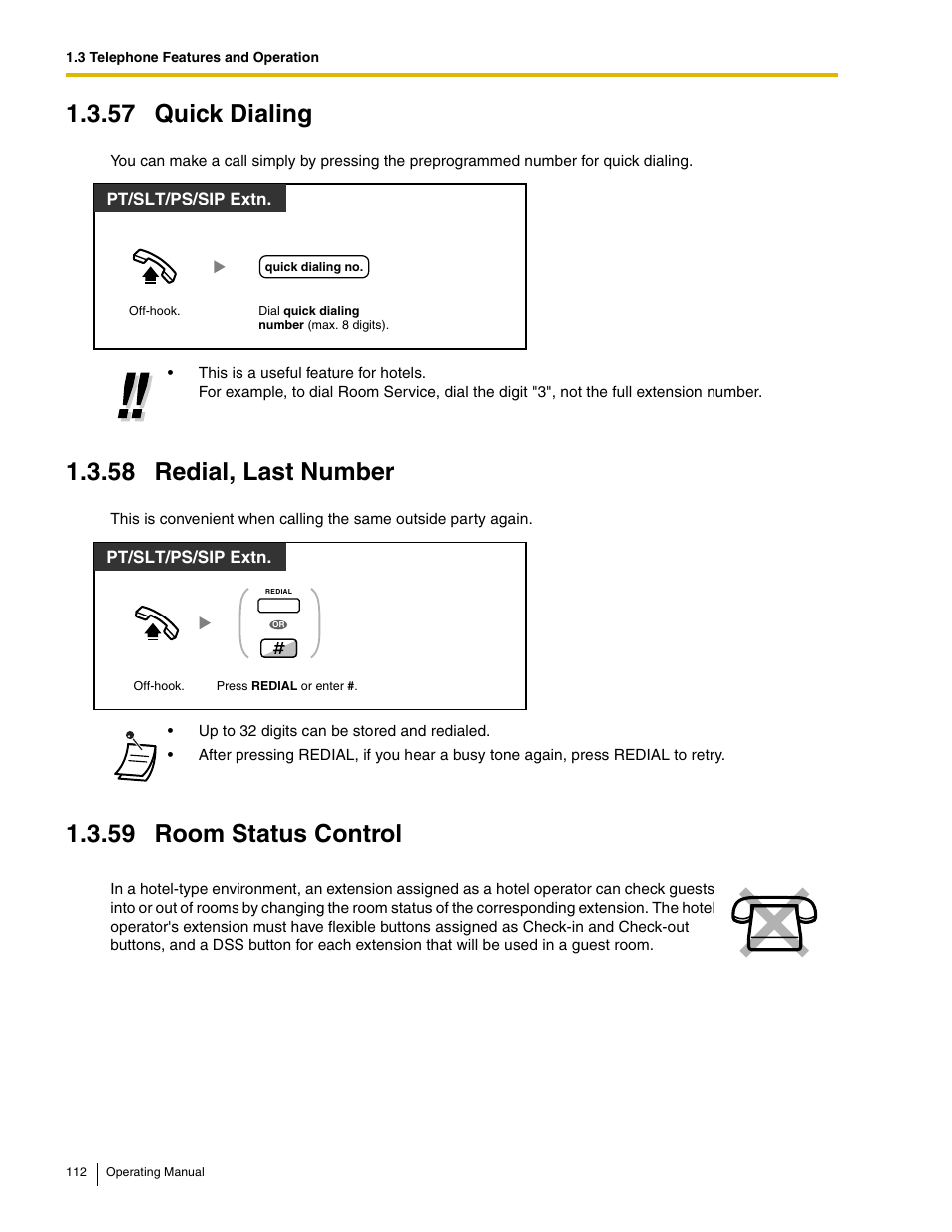 57 quick dialing, 58 redial, last number, 59 room status control | Panasonic KX-TDE100 User Manual | Page 112 / 214