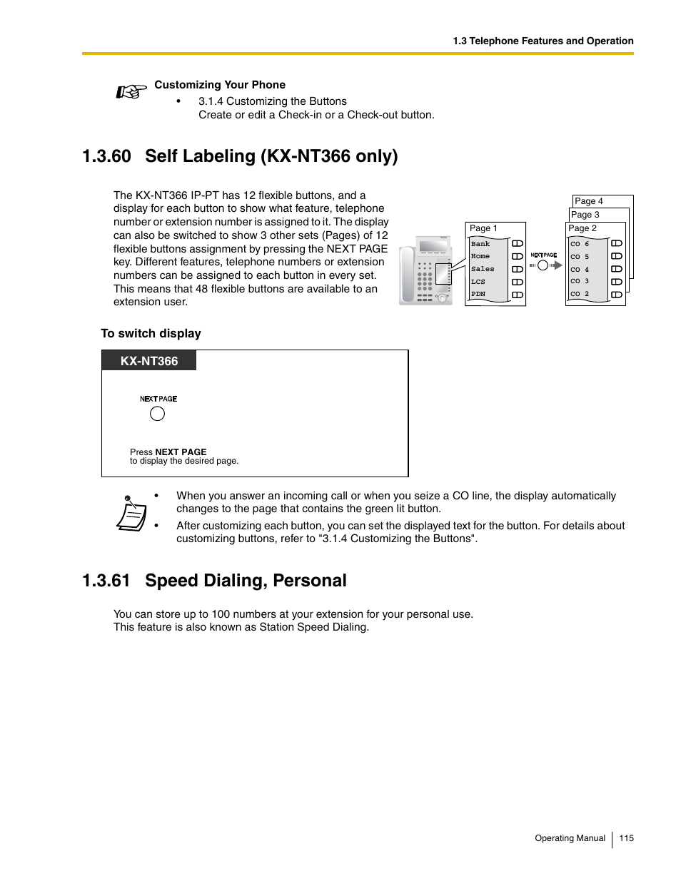 60 self labeling (kx-nt366 only), 61 speed dialing, personal, Kx-nt366 | Panasonic KX-TDE100 User Manual | Page 115 / 214