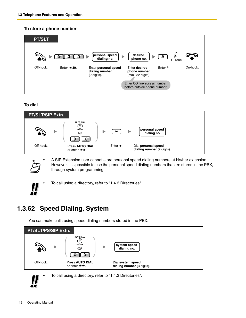 62 speed dialing, system, Pt/slt, Pt/slt/sip extn | Pt/slt/ps/sip extn | Panasonic KX-TDE100 User Manual | Page 116 / 214