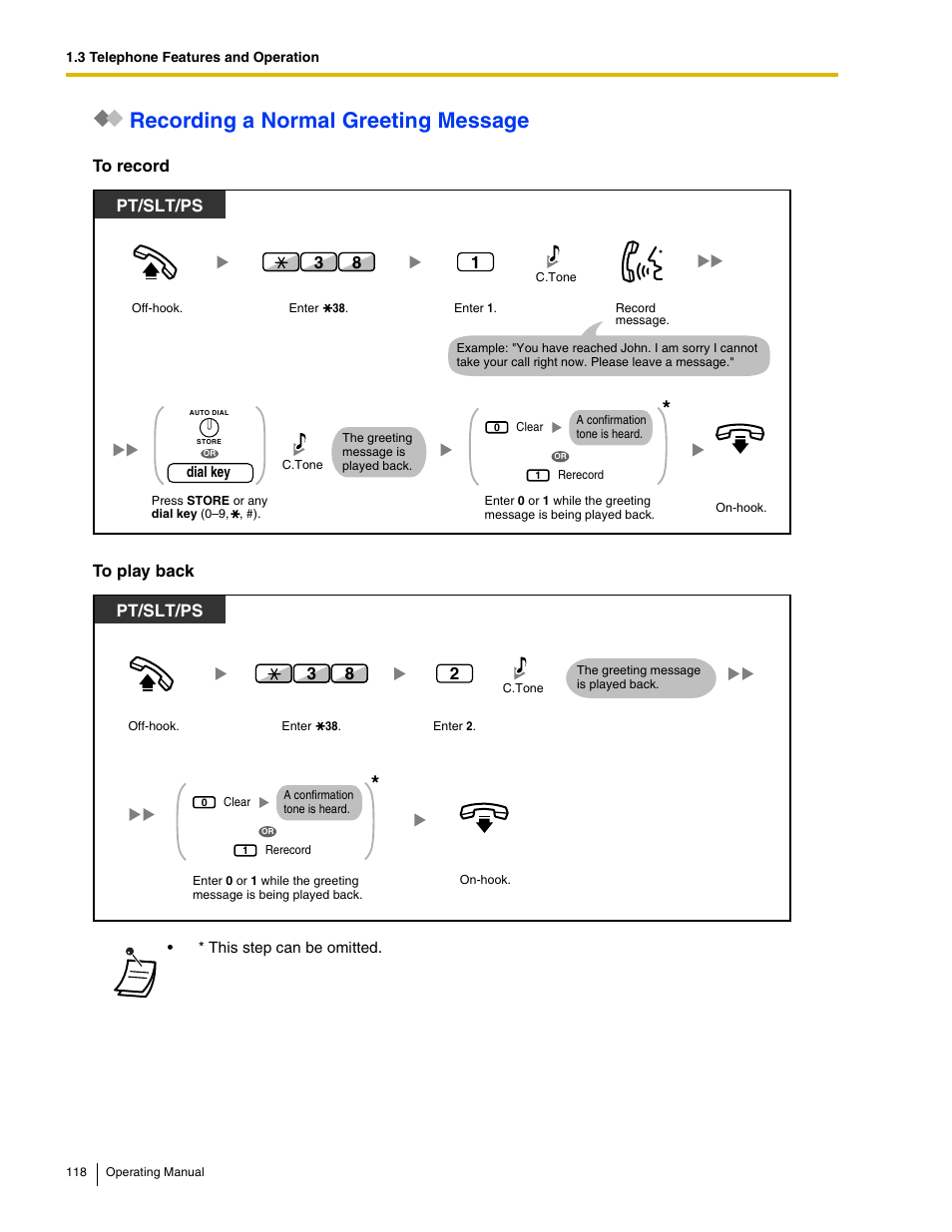 Recording a normal greeting message, Pt/slt/ps | Panasonic KX-TDE100 User Manual | Page 118 / 214