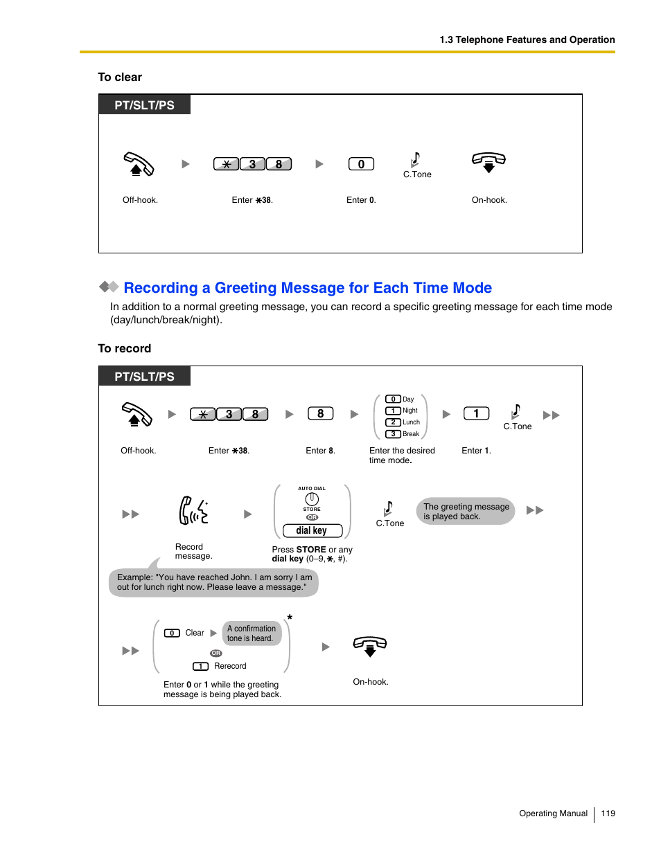 Recording a greeting message for each time mode, Pt/slt/ps | Panasonic KX-TDE100 User Manual | Page 119 / 214