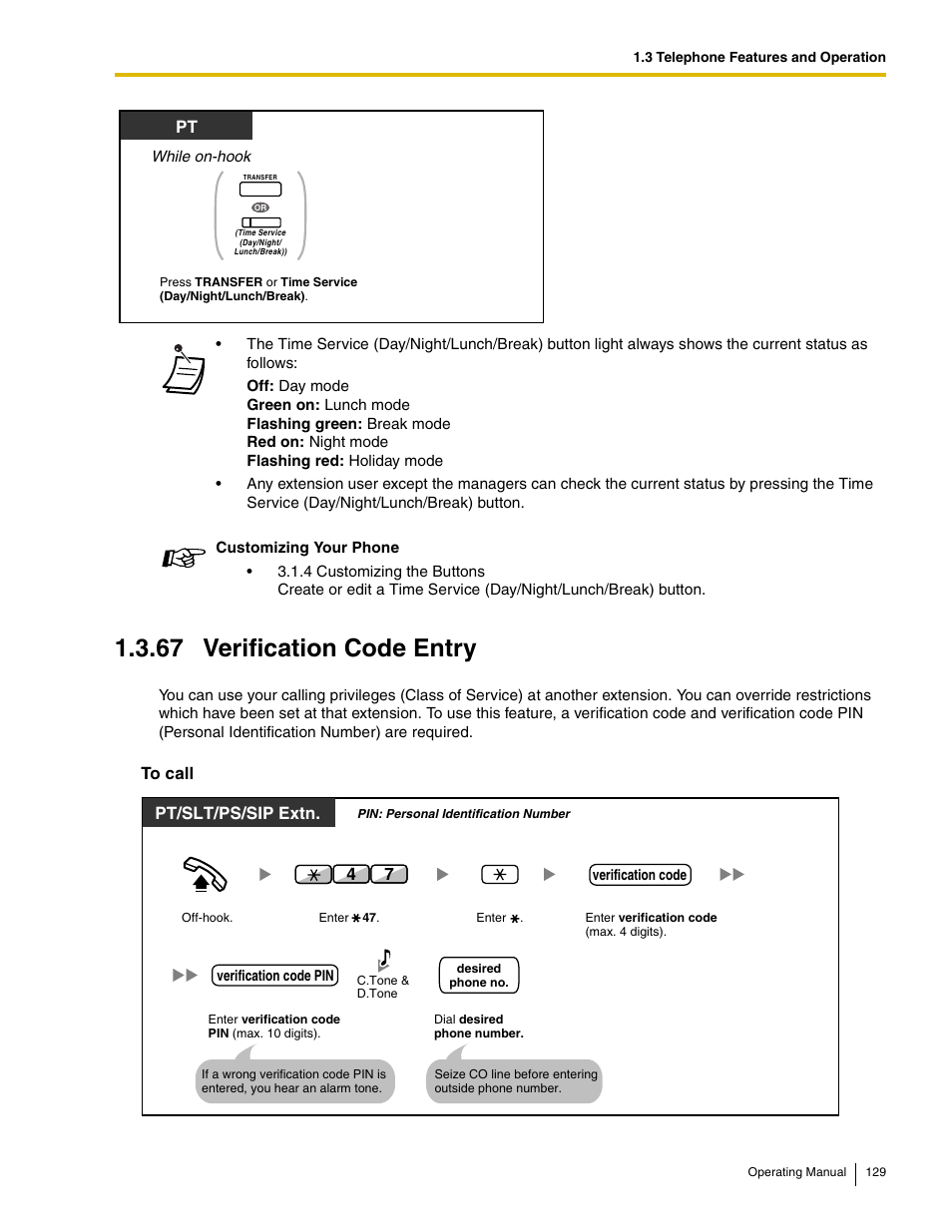 67 verification code entry, To "1.3.67 verification code entry, Pt/slt/ps/sip extn | Panasonic KX-TDE100 User Manual | Page 129 / 214