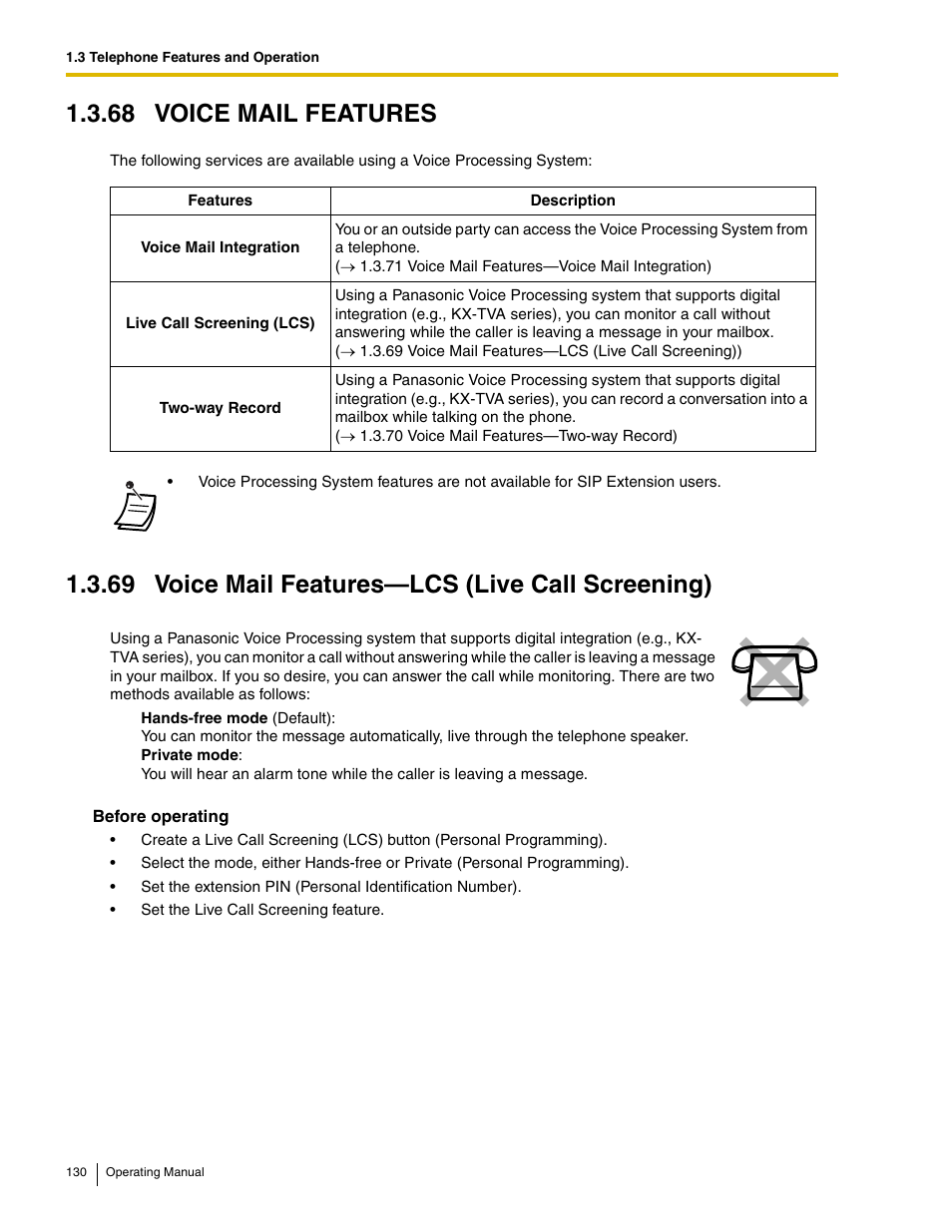 68 voice mail features, 69 voice mail features-lcs (live call screening), 69 voice mail features—lcs (live call screening) | Panasonic KX-TDE100 User Manual | Page 130 / 214