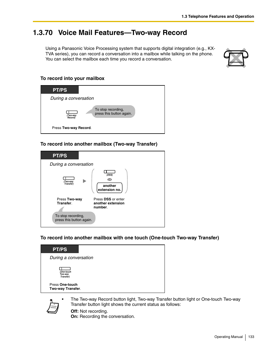 70 voice mail features-two-way record, 70 voice mail features—two-way record, Pt/ps | Panasonic KX-TDE100 User Manual | Page 133 / 214