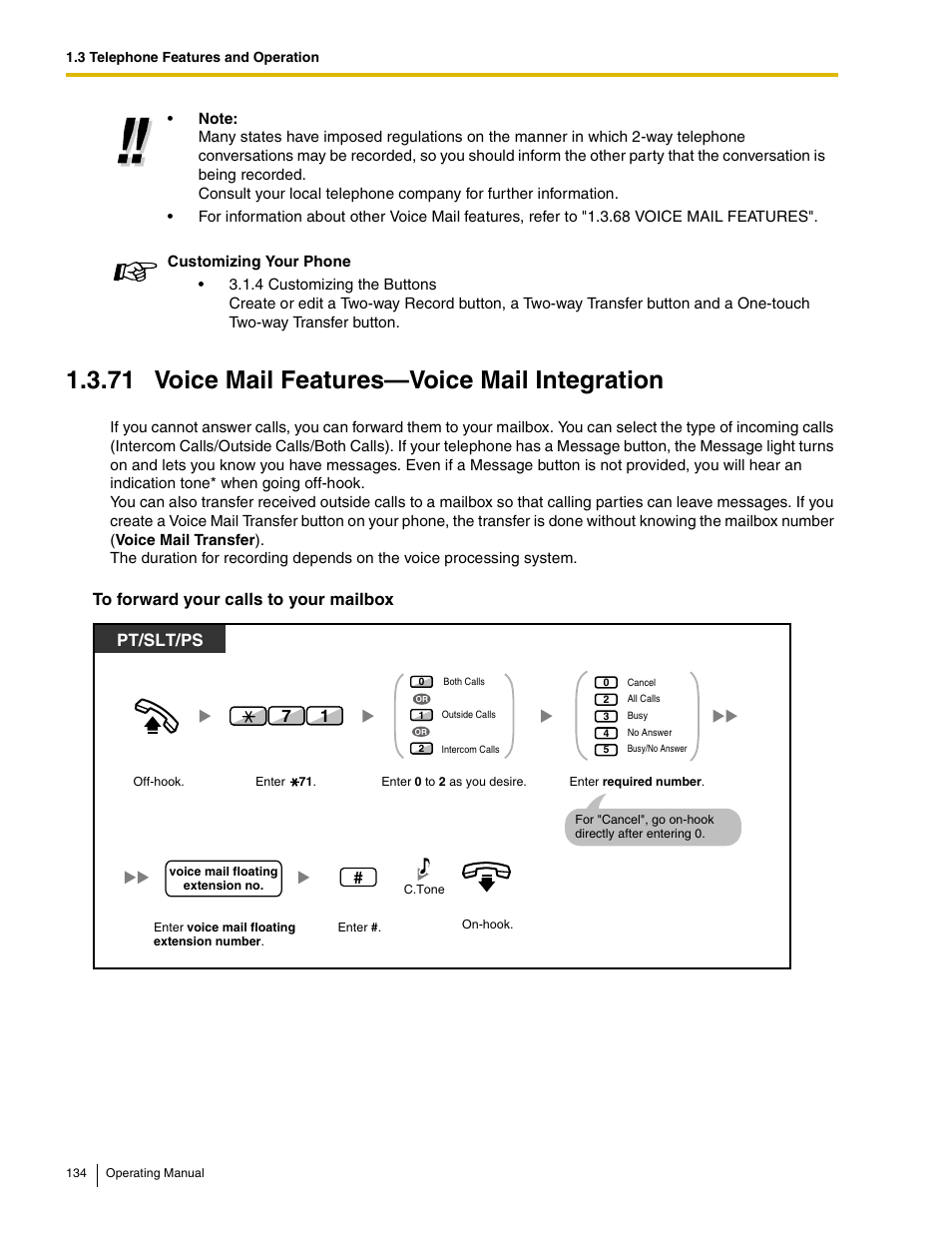 71 voice mail features-voice mail integration, 71 voice mail features—voice mail integration, Pt/slt/ps | Panasonic KX-TDE100 User Manual | Page 134 / 214