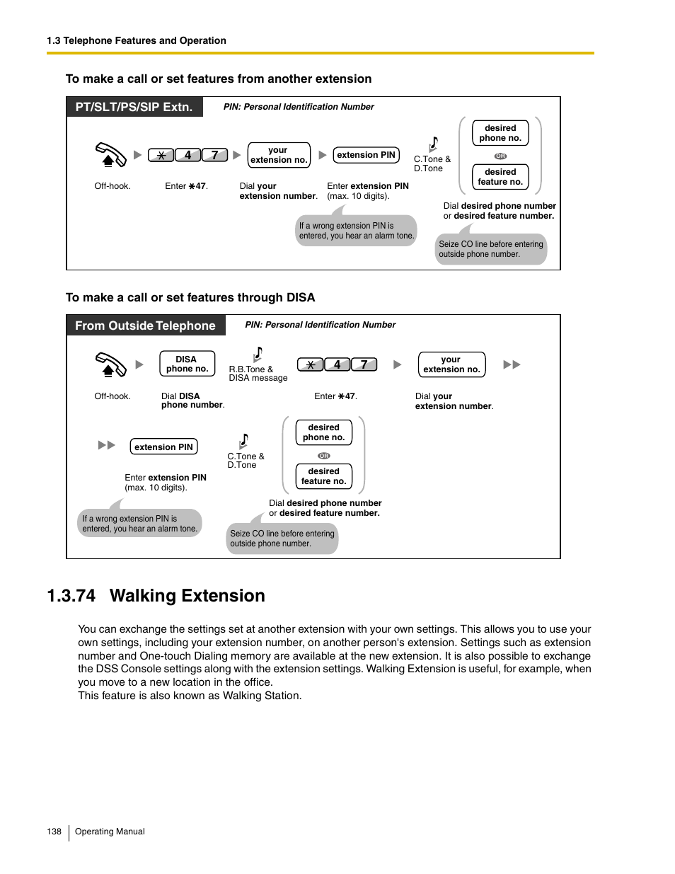 74 walking extension, Pt/slt/ps/sip extn | Panasonic KX-TDE100 User Manual | Page 138 / 214