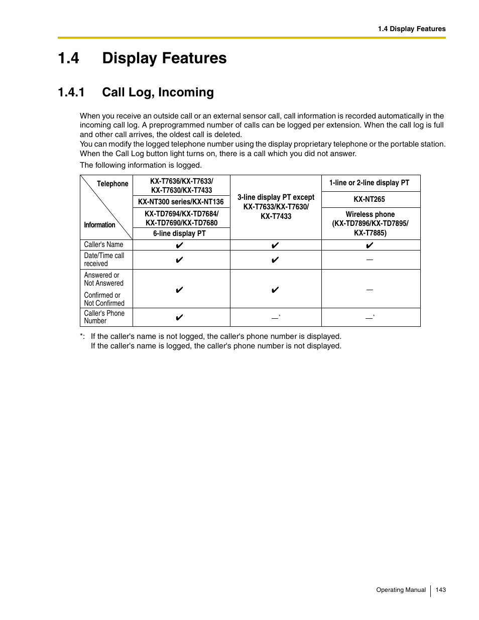 4 display features, 1 call log, incoming | Panasonic KX-TDE100 User Manual | Page 143 / 214