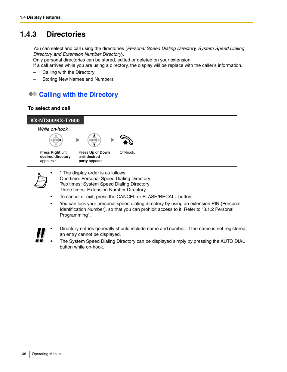 3 directories, To "1.4.3 directories, Calling with the directory | Panasonic KX-TDE100 User Manual | Page 148 / 214