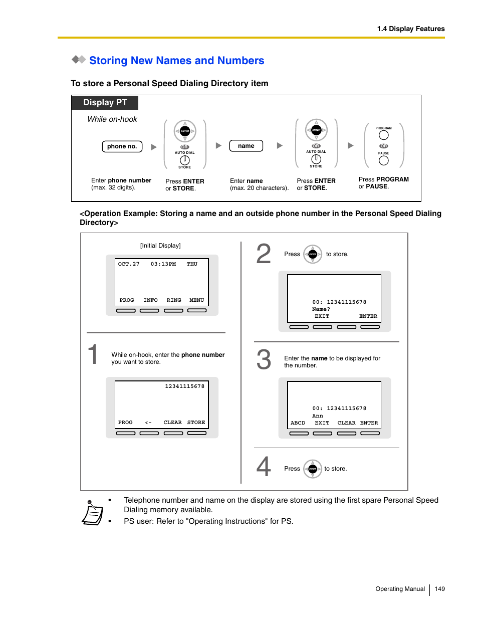 Storing new names and numbers, Display pt | Panasonic KX-TDE100 User Manual | Page 149 / 214